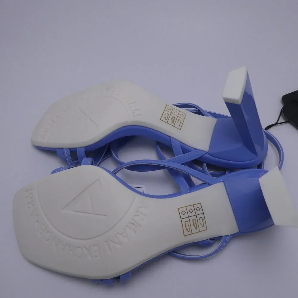 Armani Exchange Women's 6 Light Blue Leather Strappy Sandals Buckle Heel Square